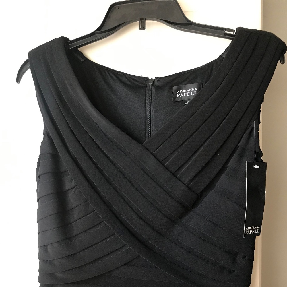 Adrianna Papell cap-sleeve, shutter pleat, “little black dress”